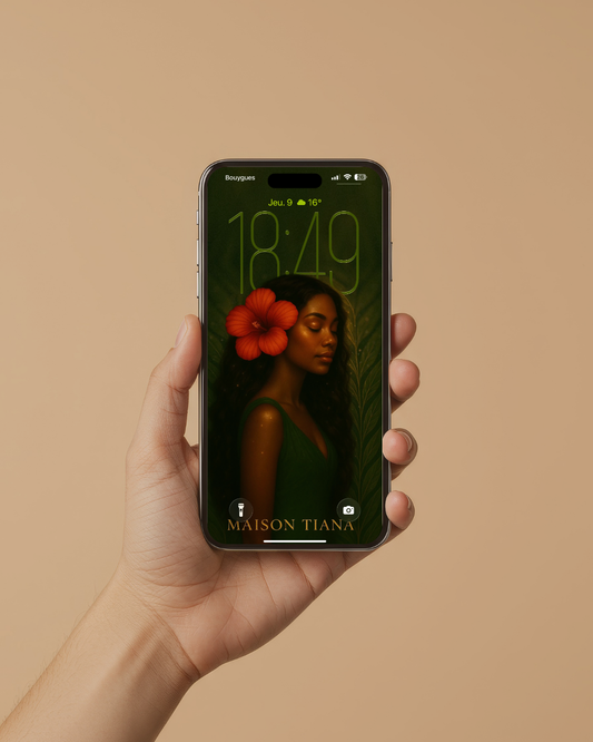 Écran Muse de Terre — lumière dorée et rouge hibiscus pour une élégance naturelle au creux de la main.