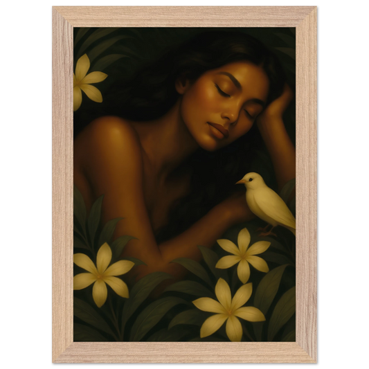 Détail de l’affiche Repos Sacré – femme au repos entourée de fleurs jaunes et d’un oiseau blanc.