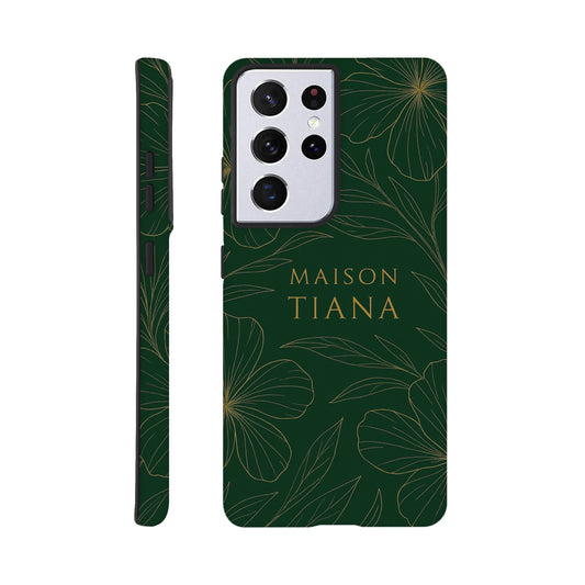 Coque Samsung artistique verte Maison Tiana – vue arrière, logo doré centré.