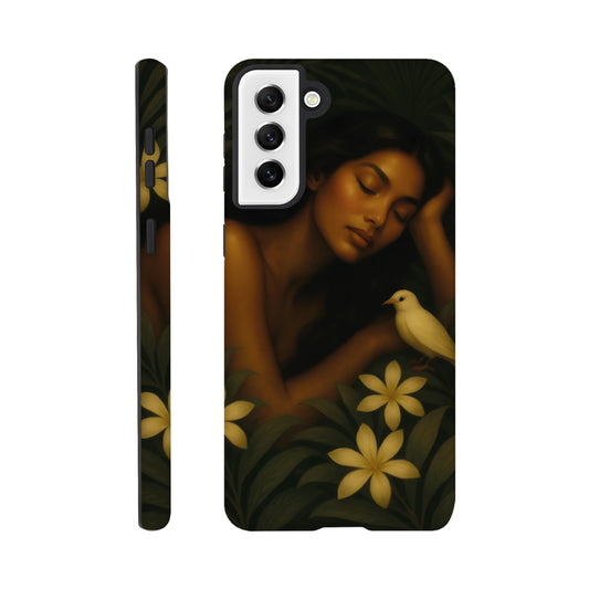 Coque Samsung artistique Repos Sacré – femme et oiseau, vue arrière.
