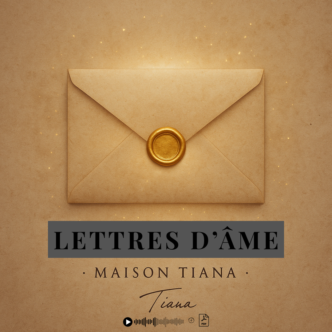 Visuel poétique Maison Tiana – enveloppe dorée et cachet de cire illustrant les Lettres d’Âme, une collection de textes et audios à lire ou écouter pour se reconnecter à soi.