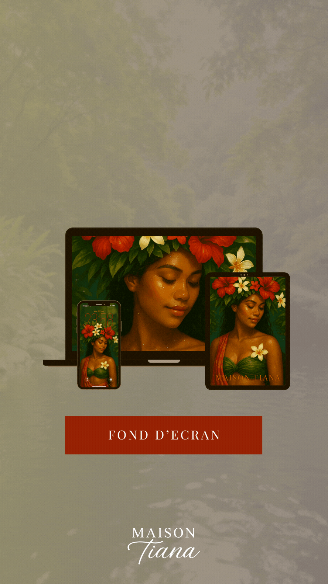 Fond d’écran digital Muse d’Eau – version téléphone, tablette et ordinateur – Illustration féminine tropicale