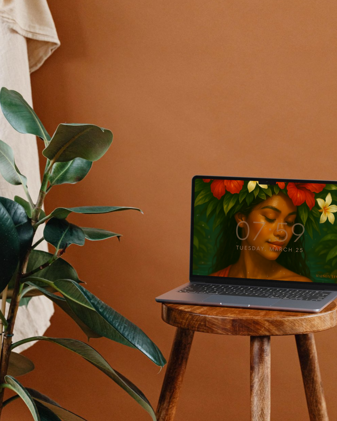 Fond d’écran Muse d’Eau affiché sur ordinateur – fleurs exotiques et muse sensuelle