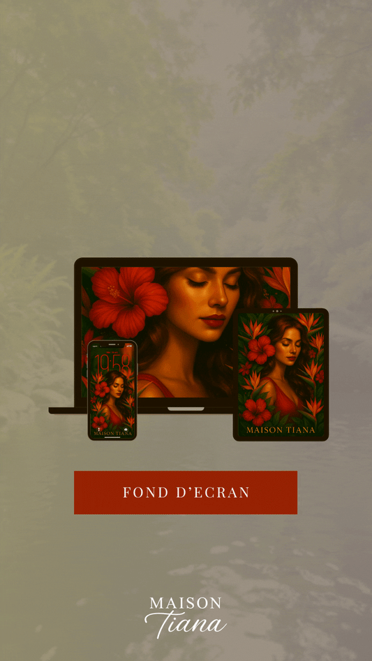 Fond d’écran digital Muse de Feu – création poétique et tropicale signée Maison Tiana, aux tons rouges et dorés.