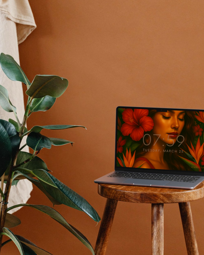 Fond d’écran Muse de Feu pour ordinateur – peinture numérique raffinée, rouge et or, Maison Tiana.