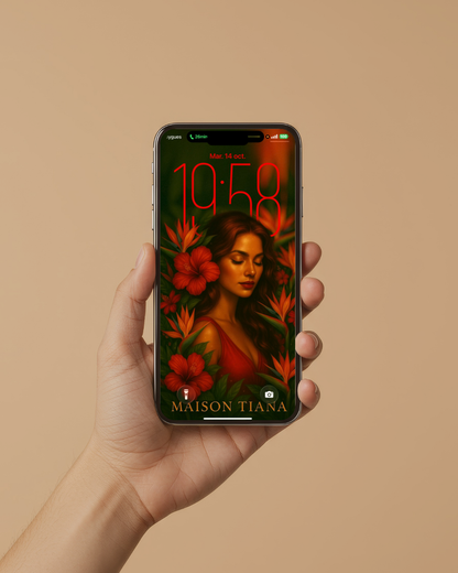 Fond d’écran Muse de Feu affiché sur téléphone – œuvre digitale exotique et féminine, Maison Tiana.