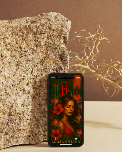 Mise en scène du fond d’écran Muse de Feu – création artistique Maison Tiana, inspiration feu, nature et féminin sacré.