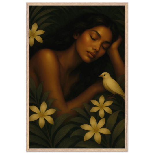 Affiche encadrée Repos Sacré en cadre bois naturel, art mural féminin poétique – Maison Tiana.