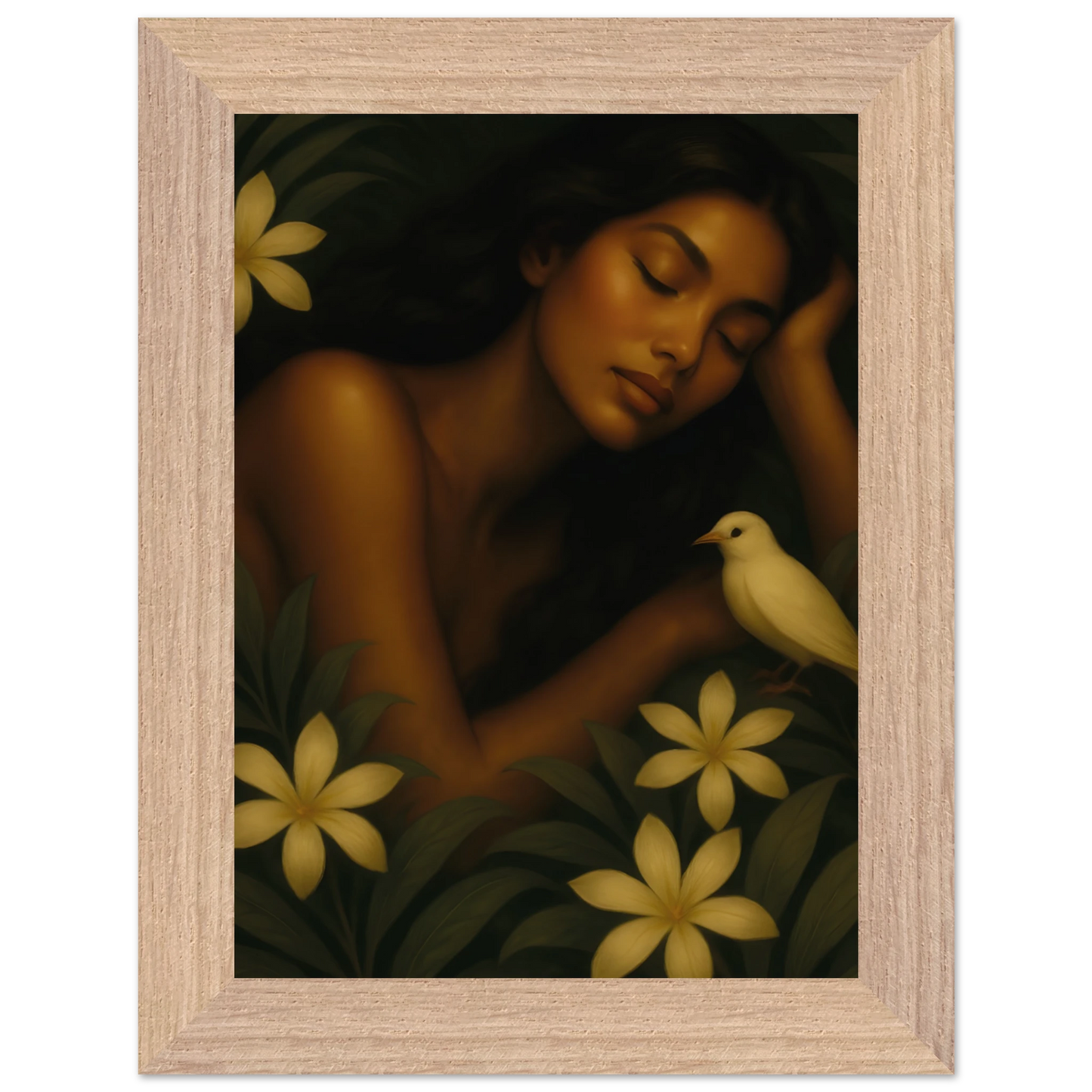 Affiche encadrée Repos Sacré, cadre bois clair, art mural féminin poétique.