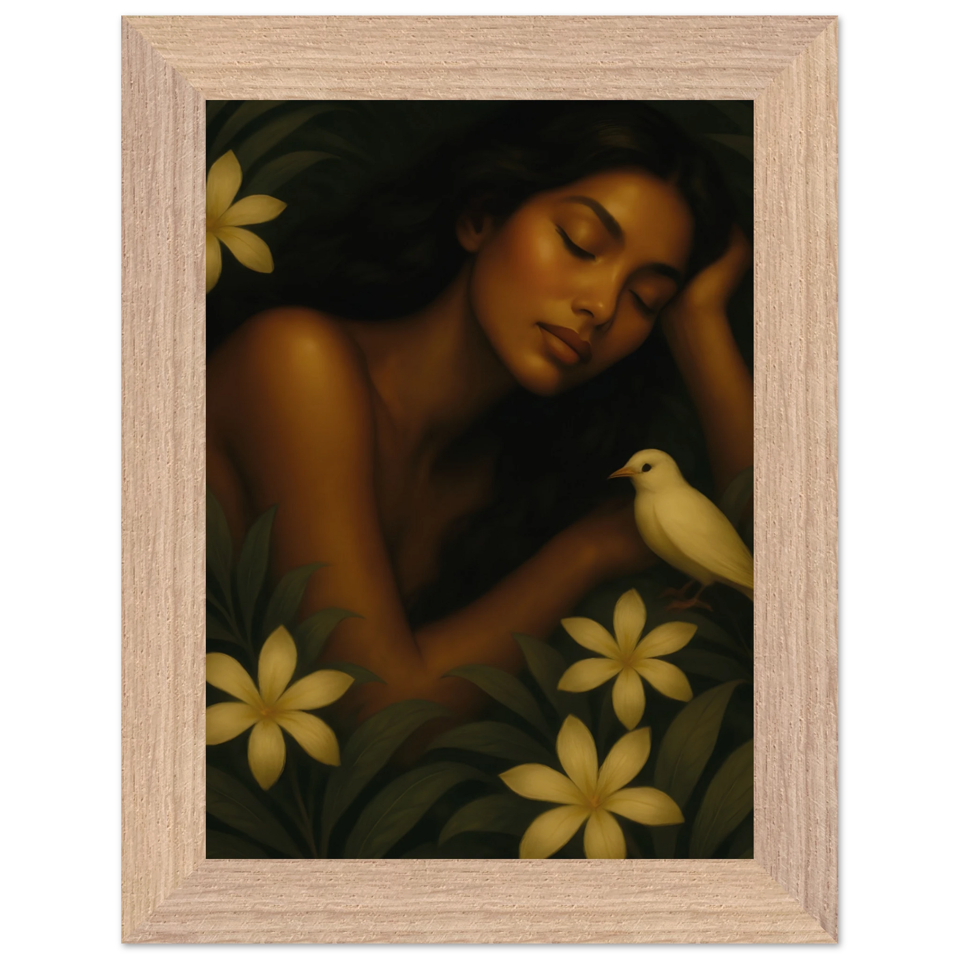 Affiche encadrée Repos Sacré, cadre bois clair, art mural féminin poétique.