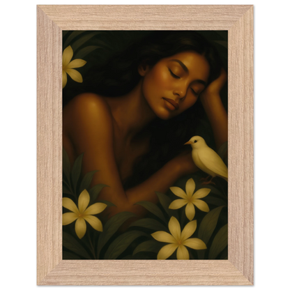 Affiche encadrée Repos Sacré, cadre bois clair, art mural féminin poétique.