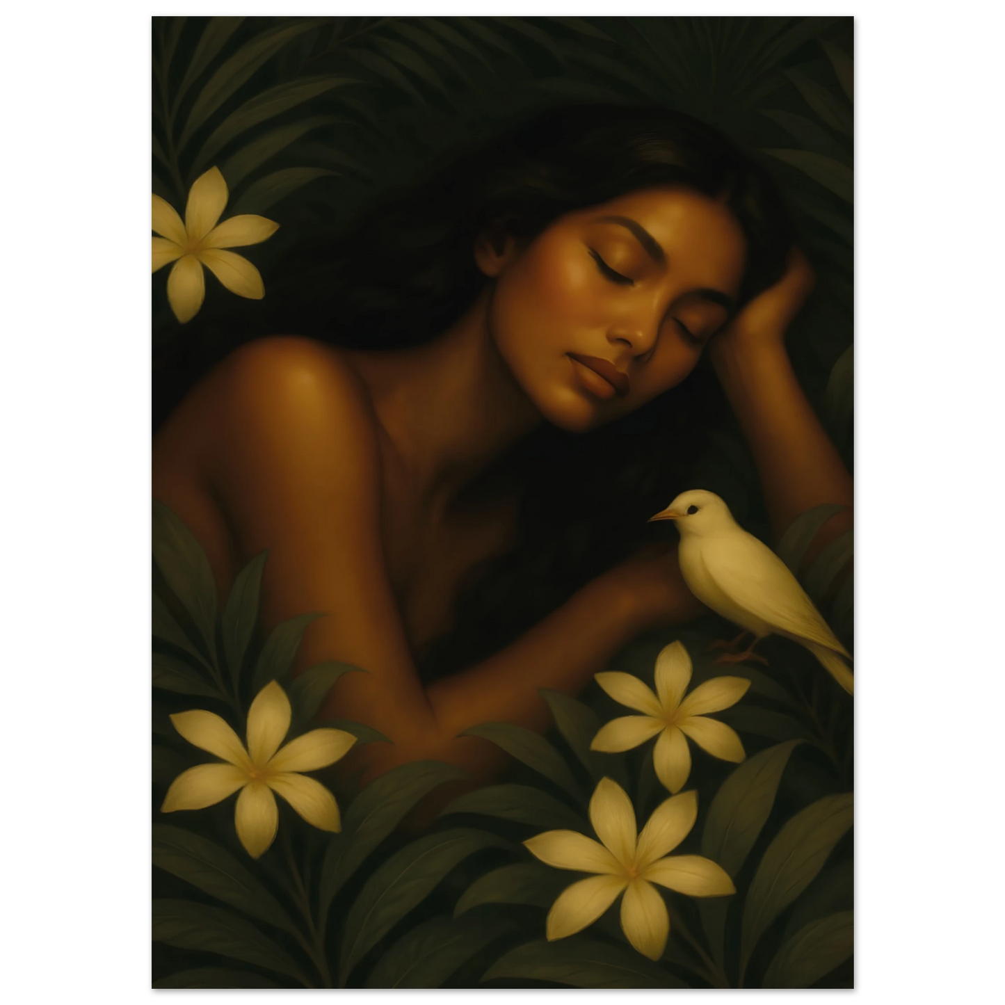 Détail du visage féminin sur l’affiche fine art « Repos Sacré » Maison Tiana.