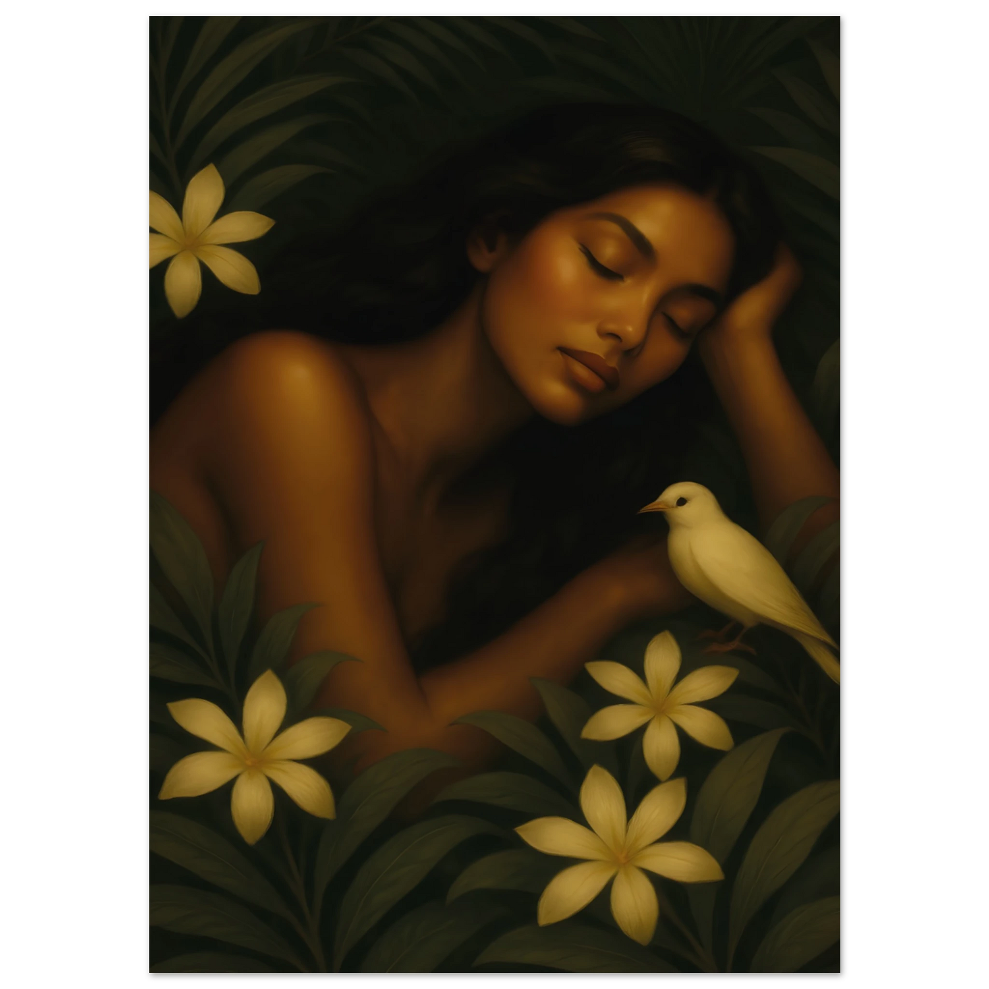 Détail du visage féminin sur l’affiche fine art « Repos Sacré » Maison Tiana.