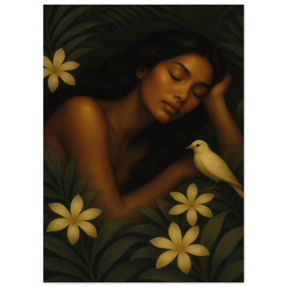 Détail du visage féminin sur l’affiche fine art « Repos Sacré » Maison Tiana.