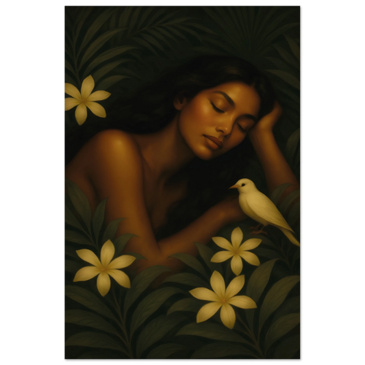 Affiche fine art « Repos Sacré » Maison Tiana – illustration poétique et féminine sans cadre.