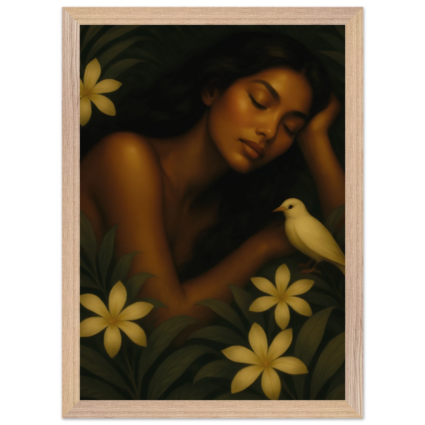 Affiche encadrée Repos Sacré – portrait féminin avec fleurs tropicales jaunes et oiseau blanc.