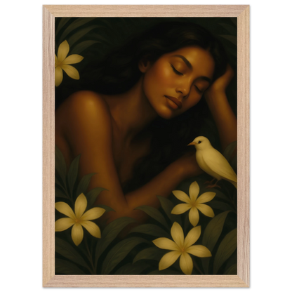 Affiche encadrée Repos Sacré – portrait féminin avec fleurs tropicales jaunes et oiseau blanc.