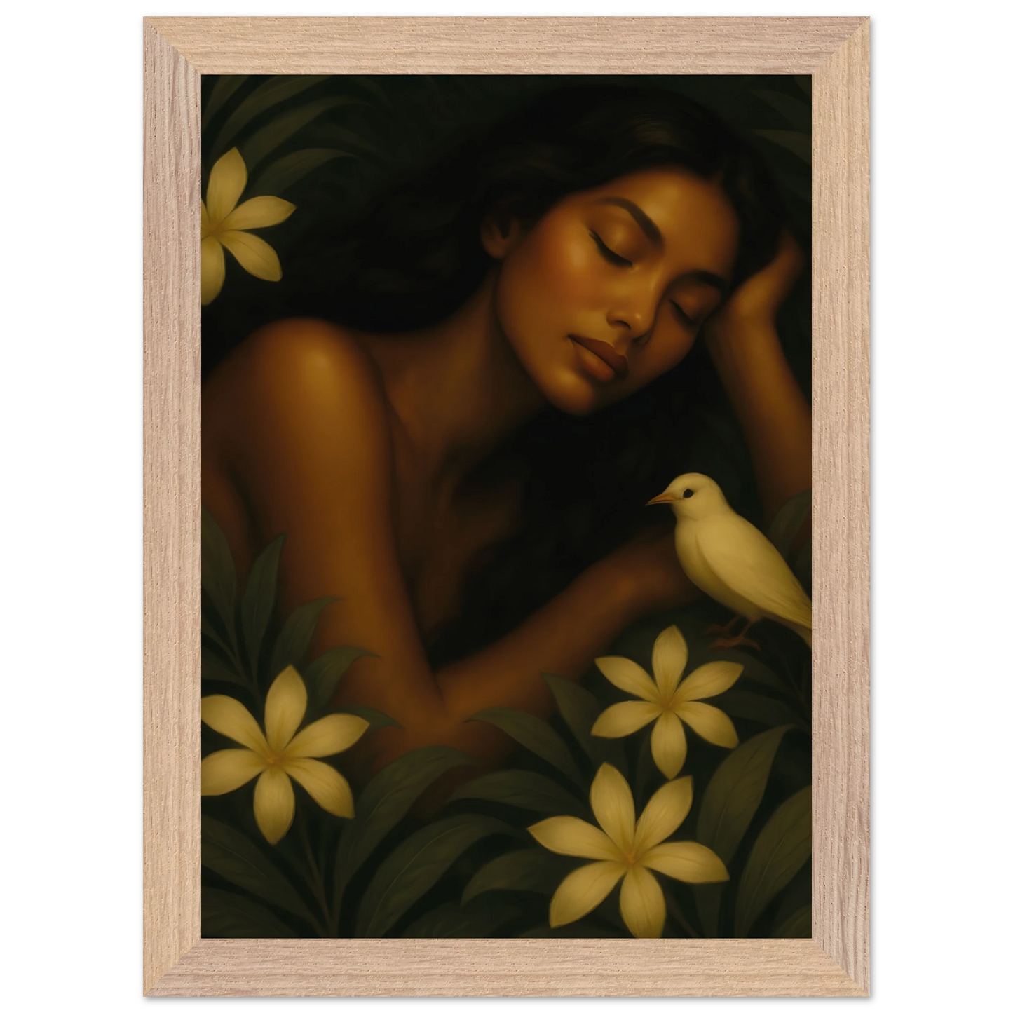 Détail de l’affiche Repos Sacré – femme au repos entourée de fleurs jaunes et d’un oiseau blanc.