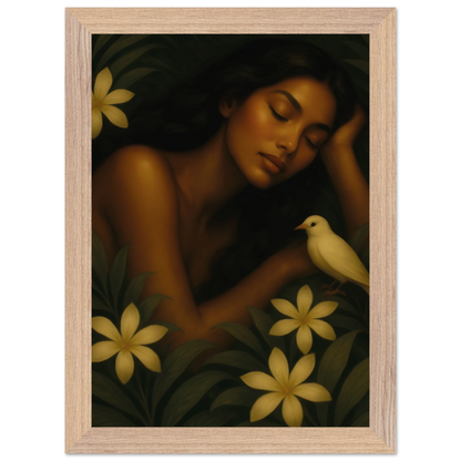 Détail de l’affiche Repos Sacré – femme au repos entourée de fleurs jaunes et d’un oiseau blanc.