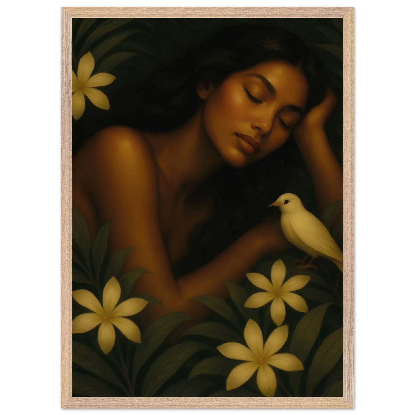 Affiche Repos Sacré, portrait d’une femme endormie, symbole de douceur et liberté.