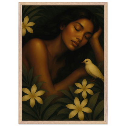 Affiche Repos Sacré, portrait d’une femme endormie, symbole de douceur et liberté.