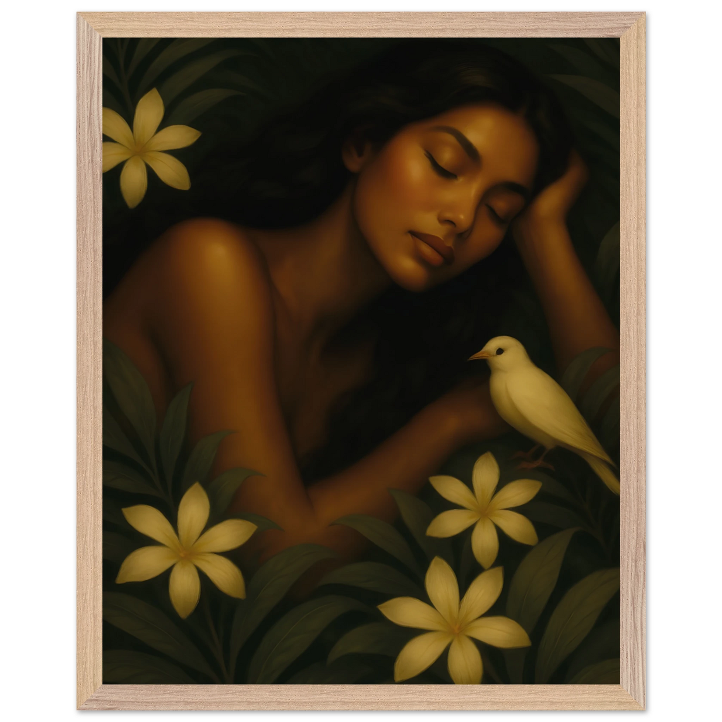 Affiche encadrée Repos Sacré – détail du cadre bois et de l’illustration (femme, fleurs jaunes, oiseau blanc) – Maison Tiana.