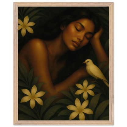 Affiche encadrée Repos Sacré – détail du cadre bois et de l’illustration (femme, fleurs jaunes, oiseau blanc) – Maison Tiana.