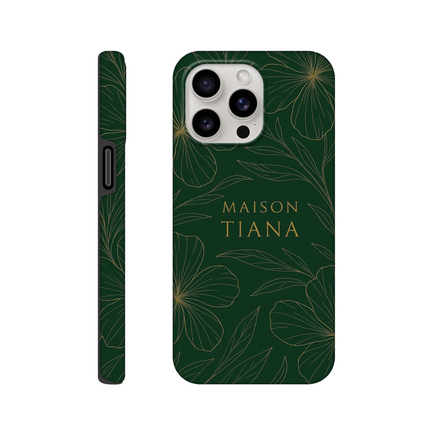 Coque iPhone artistique Maison Tiana – design vert profond avec motif floral raffiné, protection élégante et premium.