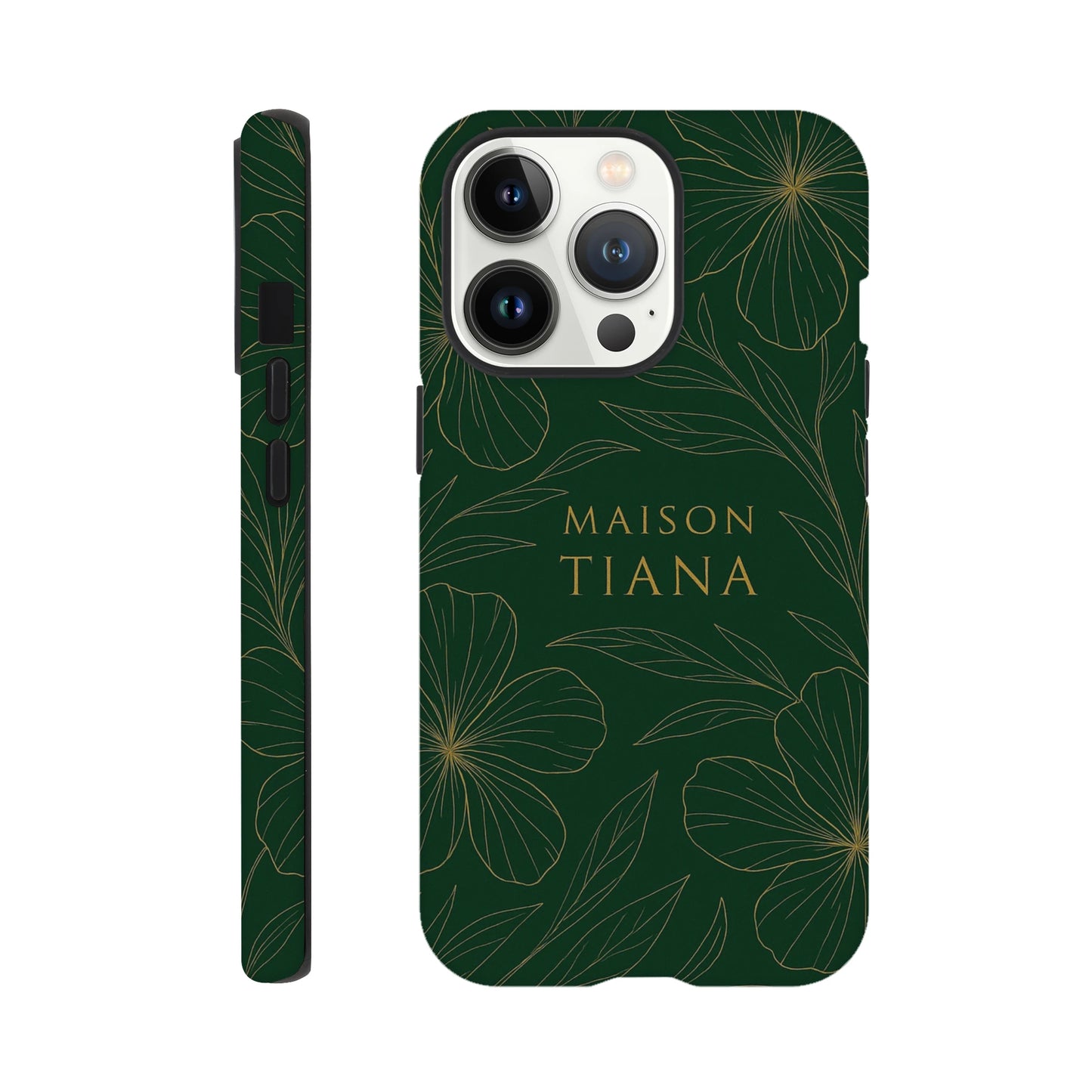 Coque iPhone artistique Maison Tiana – design vert profond avec motif floral raffiné, protection élégante et premium.