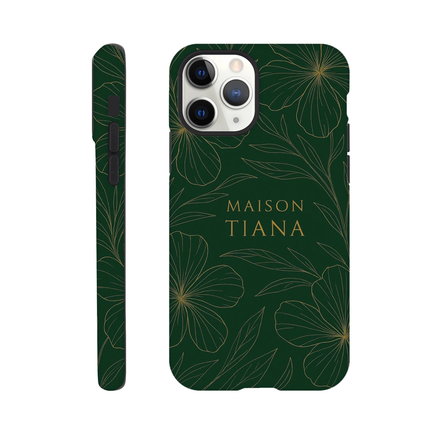 Coque iPhone artistique Maison Tiana – design vert profond avec motif floral raffiné, protection élégante et premium.