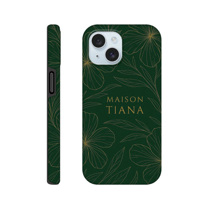 Coque iPhone artistique Maison Tiana – design vert profond avec motif floral raffiné, protection élégante et premium.