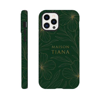 Coque iPhone artistique Maison Tiana – design vert profond avec motif floral raffiné, protection élégante et premium.