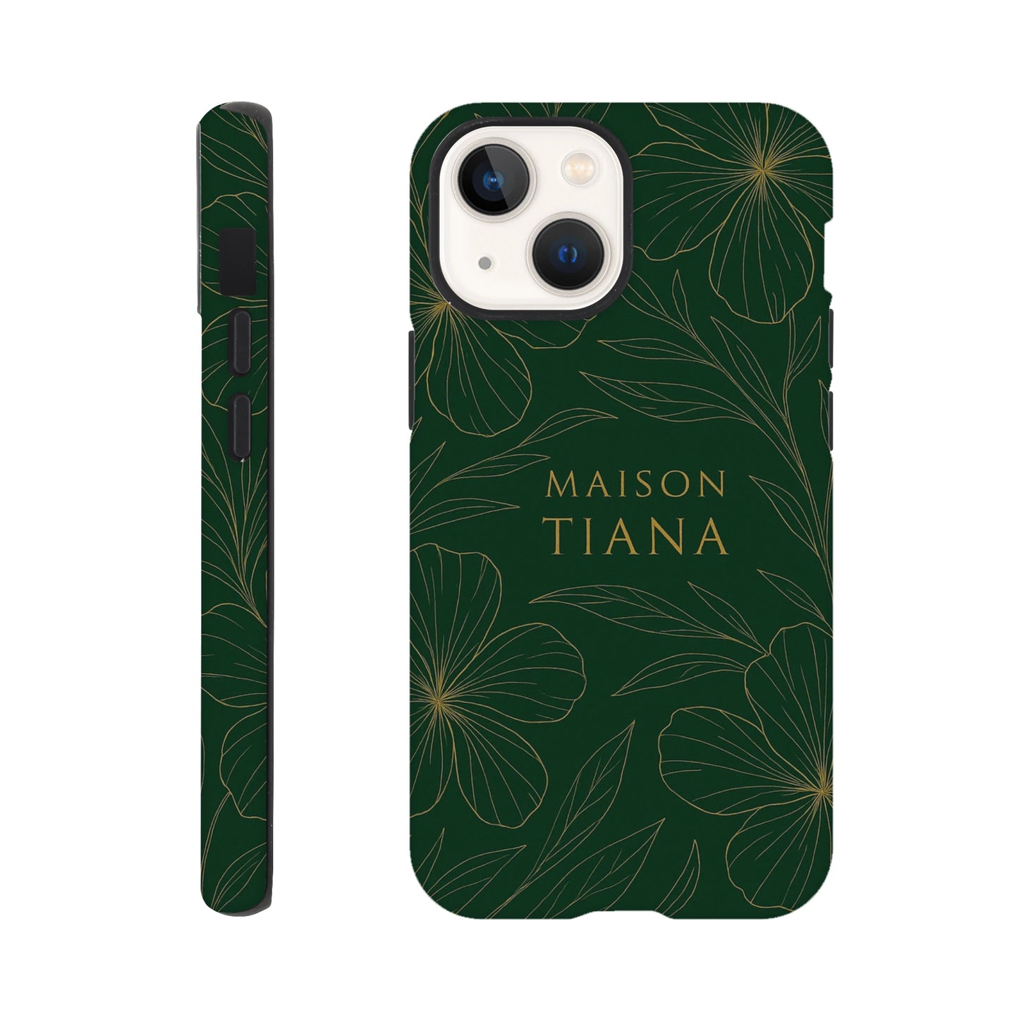 Coque iPhone artistique Maison Tiana – design vert profond avec motif floral raffiné, protection élégante et premium.