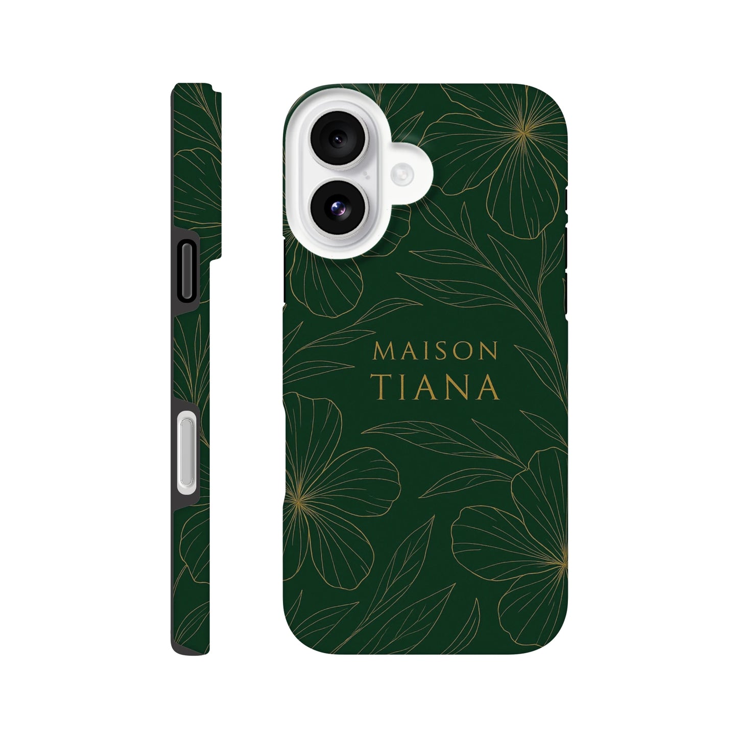 Coque iPhone artistique Maison Tiana – design vert profond avec motif floral raffiné, protection élégante et premium.