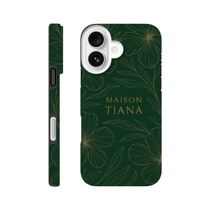 Coque iPhone artistique Maison Tiana – design vert profond avec motif floral raffiné, protection élégante et premium.