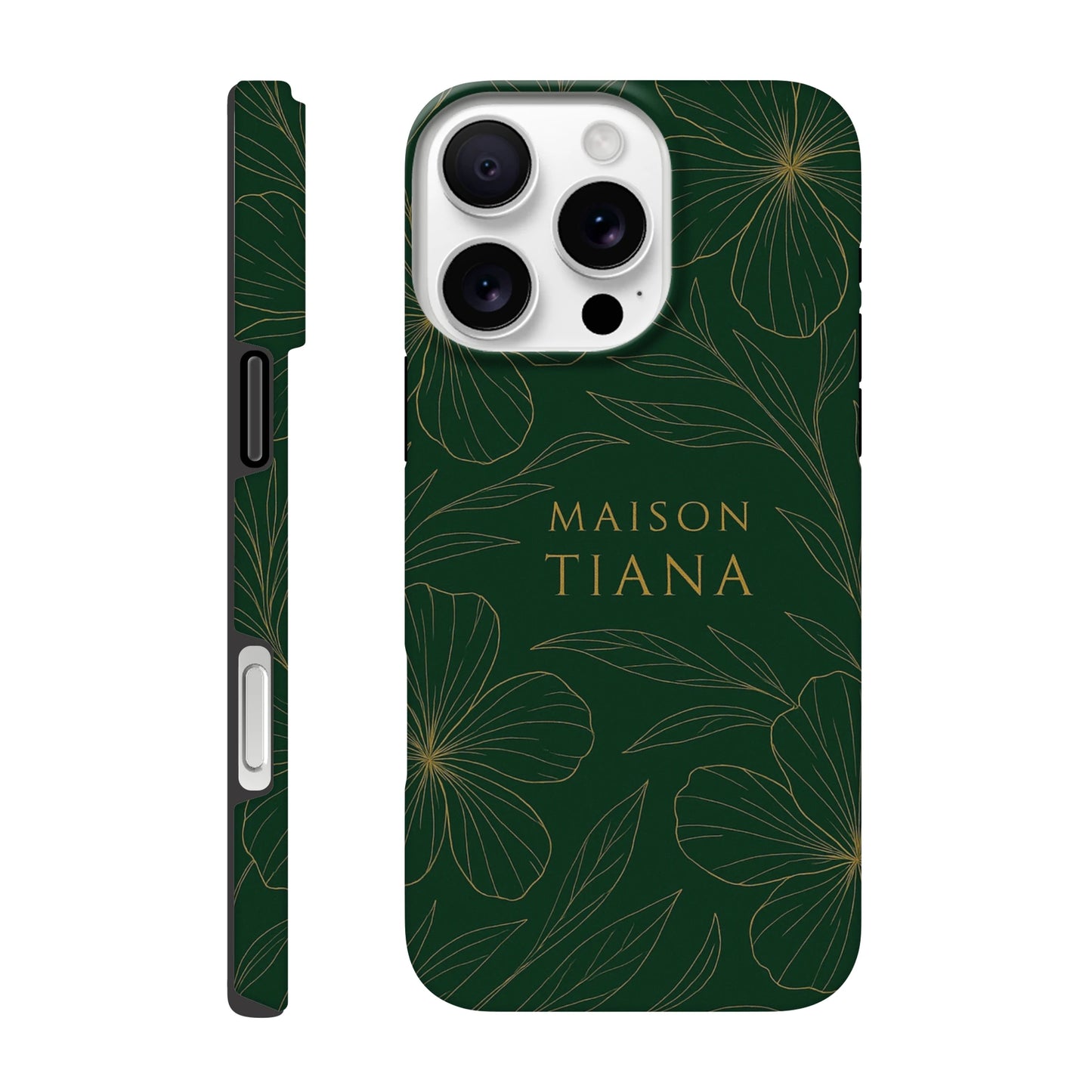 Coque iPhone artistique Maison Tiana – design vert profond avec motif floral raffiné, protection élégante et premium.