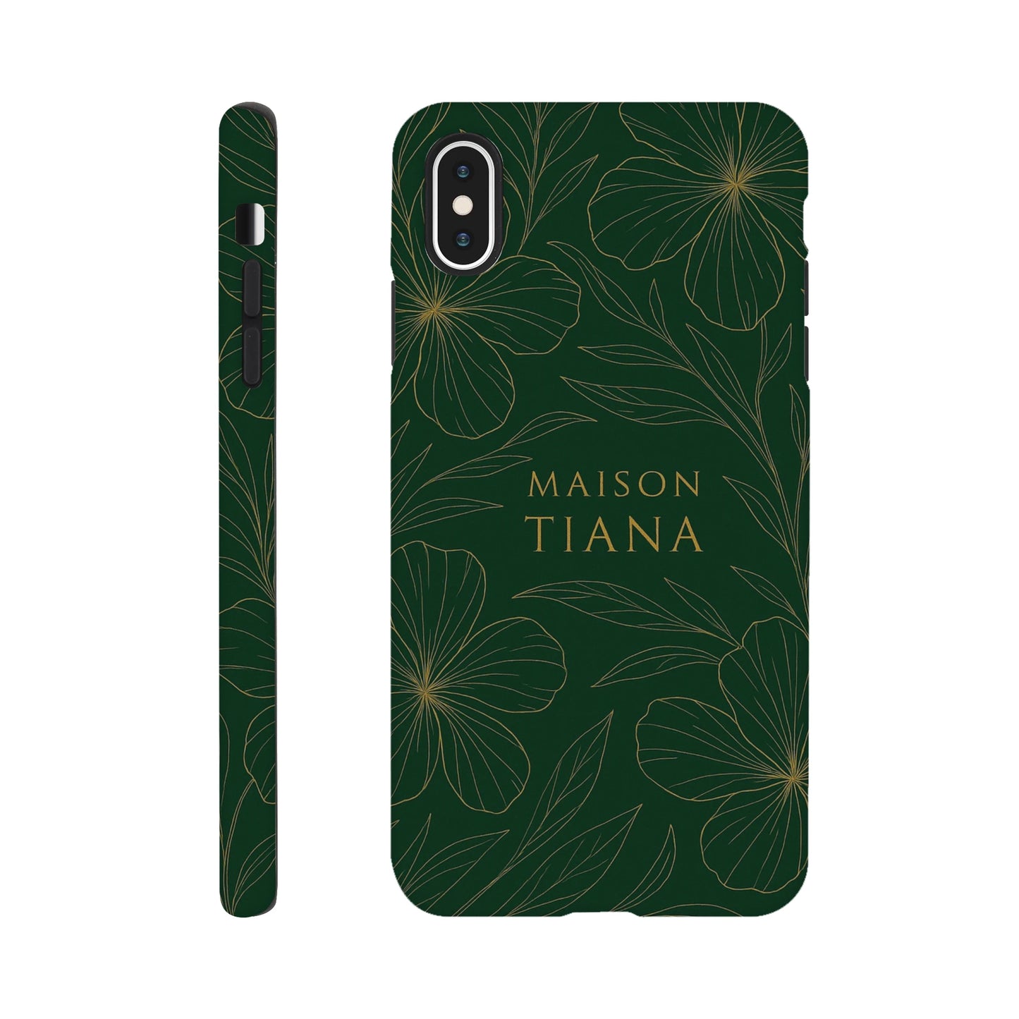 Coque iPhone artistique Maison Tiana – design vert profond avec motif floral raffiné, protection élégante et premium.