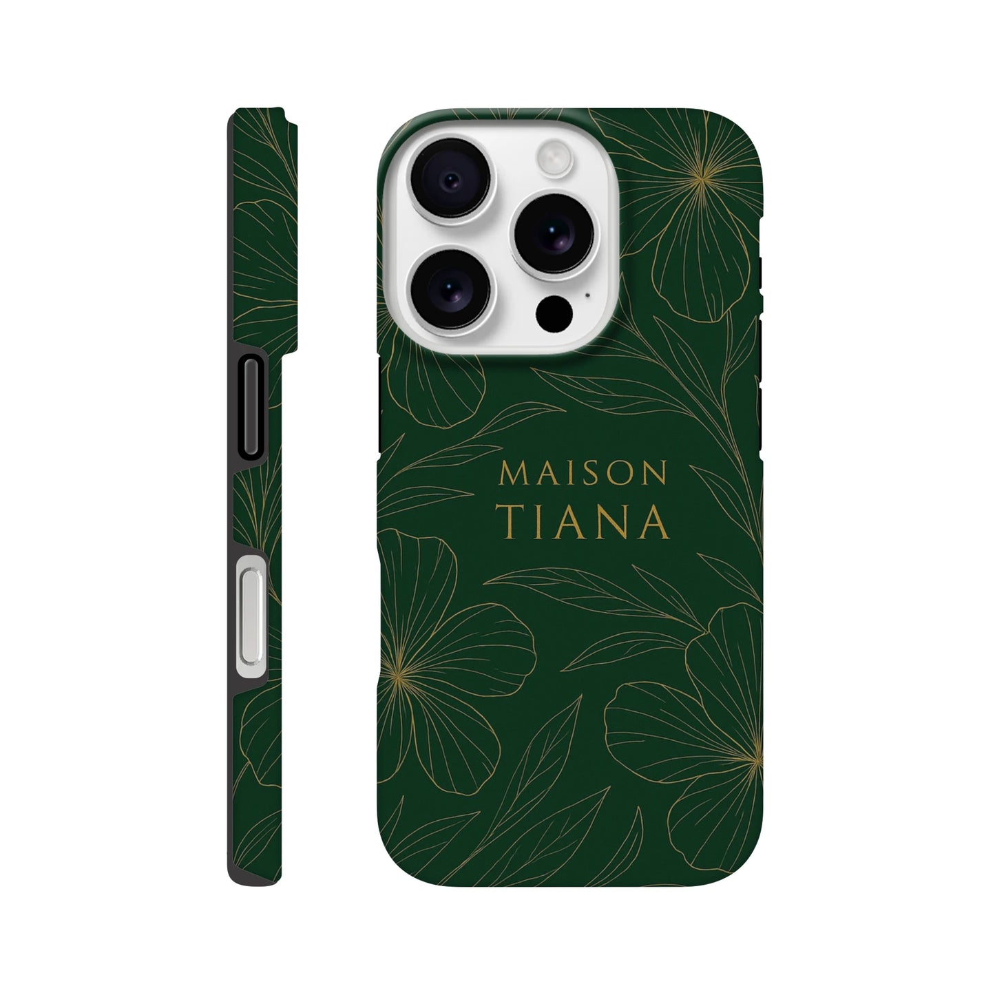 Coque iPhone artistique Maison Tiana – design vert profond avec motif floral raffiné, protection élégante et premium.