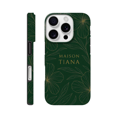 Coque iPhone artistique Maison Tiana – design vert profond avec motif floral raffiné, protection élégante et premium.
