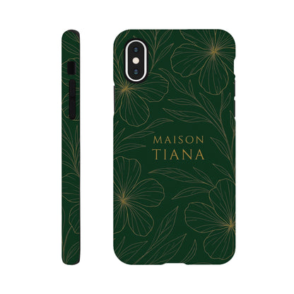 Coque iPhone artistique Maison Tiana – design vert profond avec motif floral raffiné, protection élégante et premium.