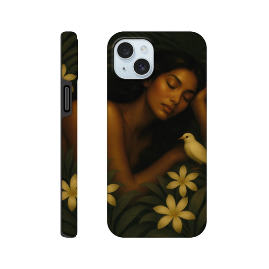 Coque iPhone artistique Maison Tiana « Repos Sacré » – illustration féminine avec oiseau et fleurs jaunes, design poétique et raffiné.