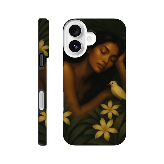 Coque iPhone artistique Maison Tiana « Repos Sacré » – illustration féminine avec oiseau et fleurs jaunes, design poétique et raffiné.