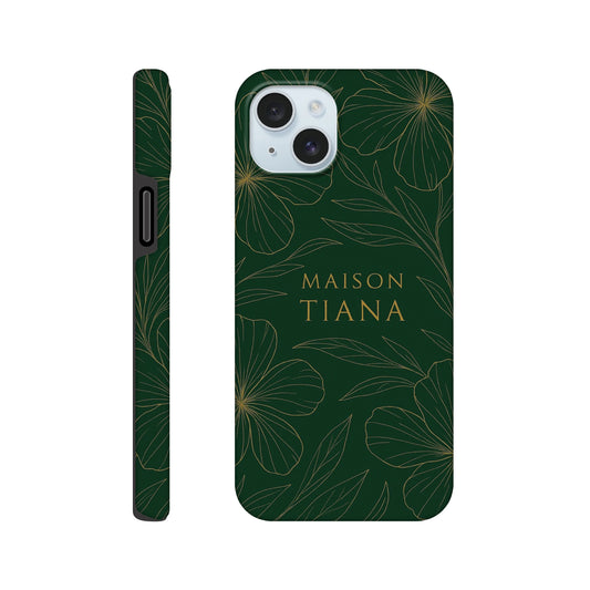 Coque iPhone verte artistique Maison Tiana – vue arrière, design élégant et raffiné.