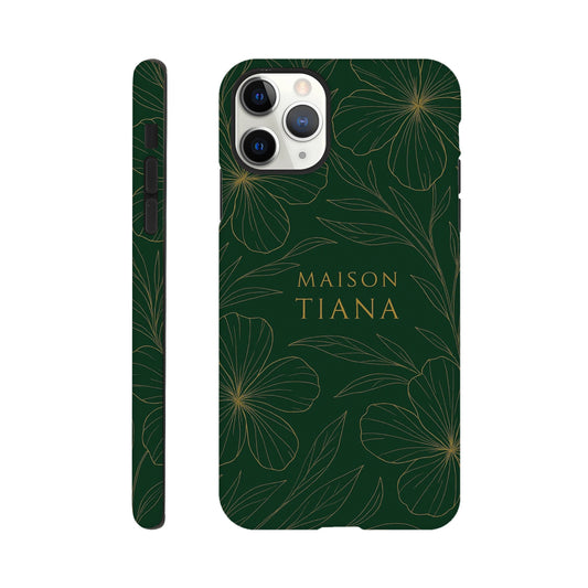 Coque iPhone Maison Tiana – vue de côté et dos, finition brillante artistique.